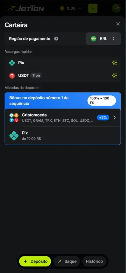 Carteira da Jetton na aba Depósito: região de pagamento BRL, Recargas rápidas com Pix e USDT Tron, card Bônus no depósito número 1 da sequência com 100% + 100 FS, Criptomoeda com +5% e Pix de 10.00 R$