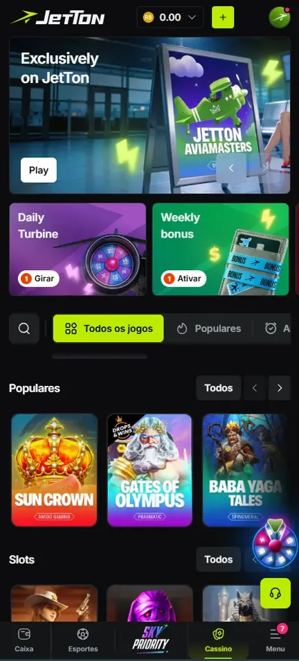 Lobby da Jetton no celular: saldo em R$ no topo, banner Exclusively on JetTon com botão Play, cards Daily Turbine e Weekly bonus, faixa Populares e barra inferior com Caixa, Esportes, Sky Priority, Cassino e Menu